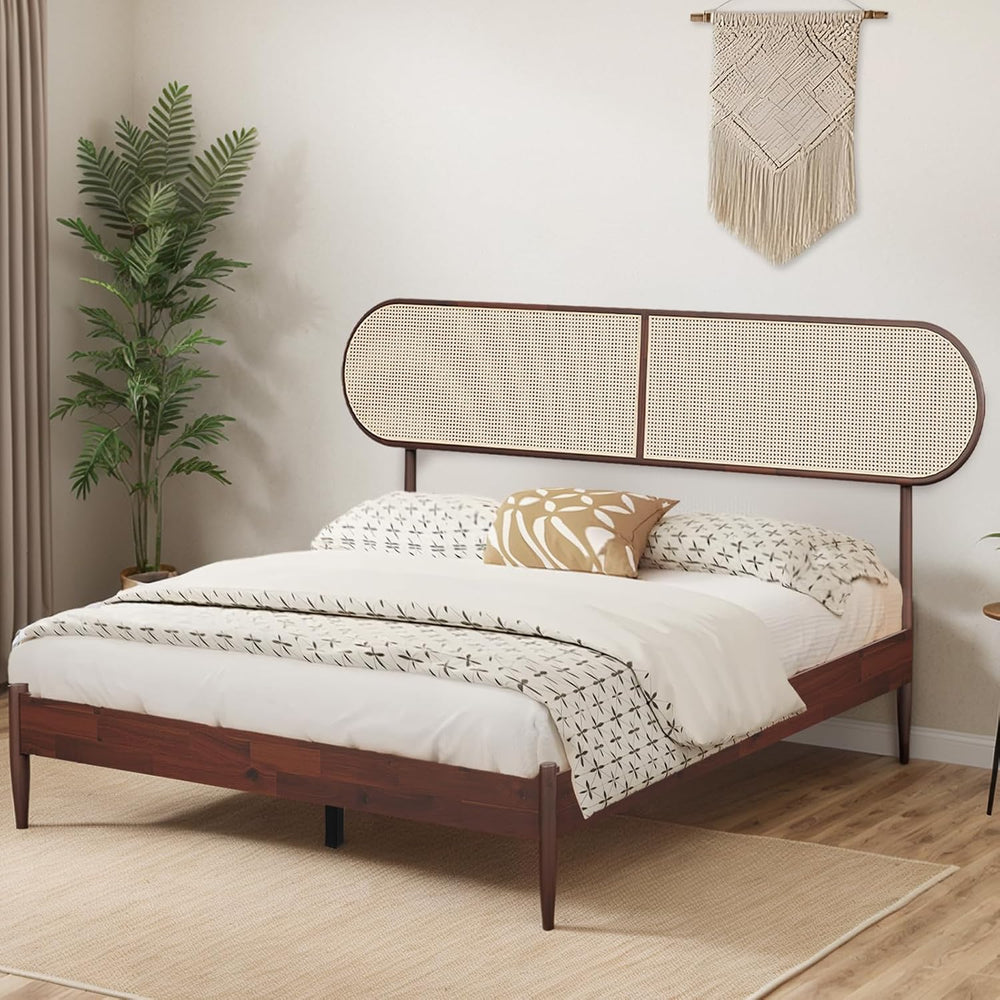 King Bed Frame with Rattan Headboard, Solid Wood Foundation with 12-Slat Wood...