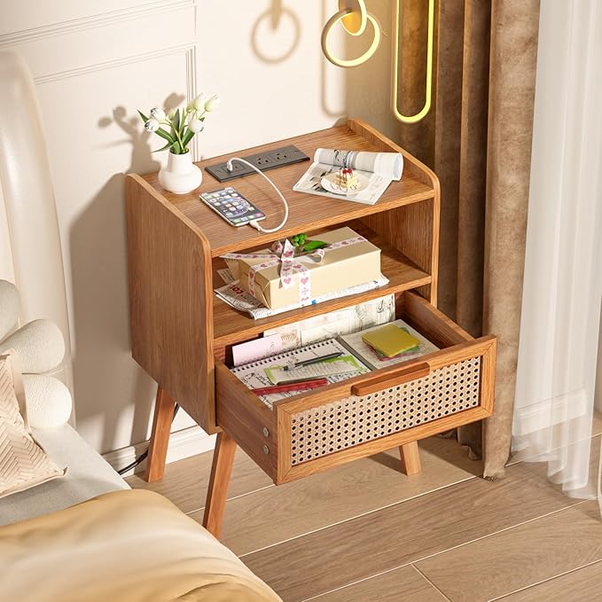Lerliuo Rattan Nightstands Set of 2 with Charging Station, Side Table with Dr...