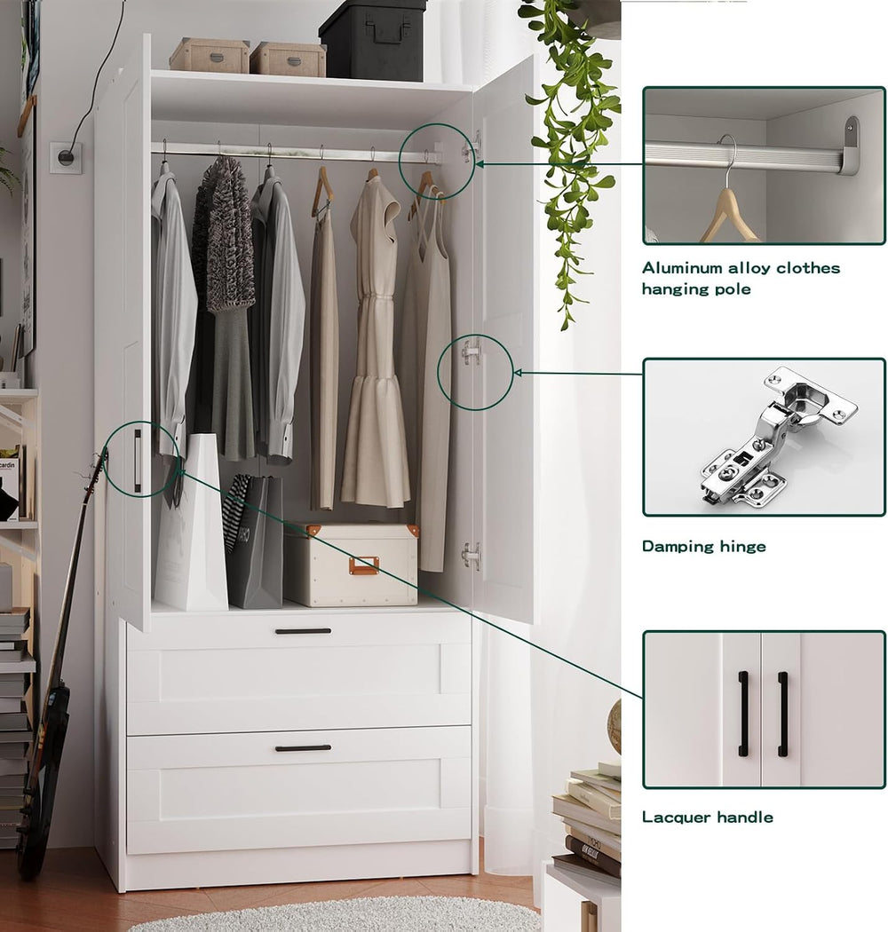 Fenghua Lizhi Wood White Wardrobe Closet with 2 Doors and 2 Drawers,Bedroom F...