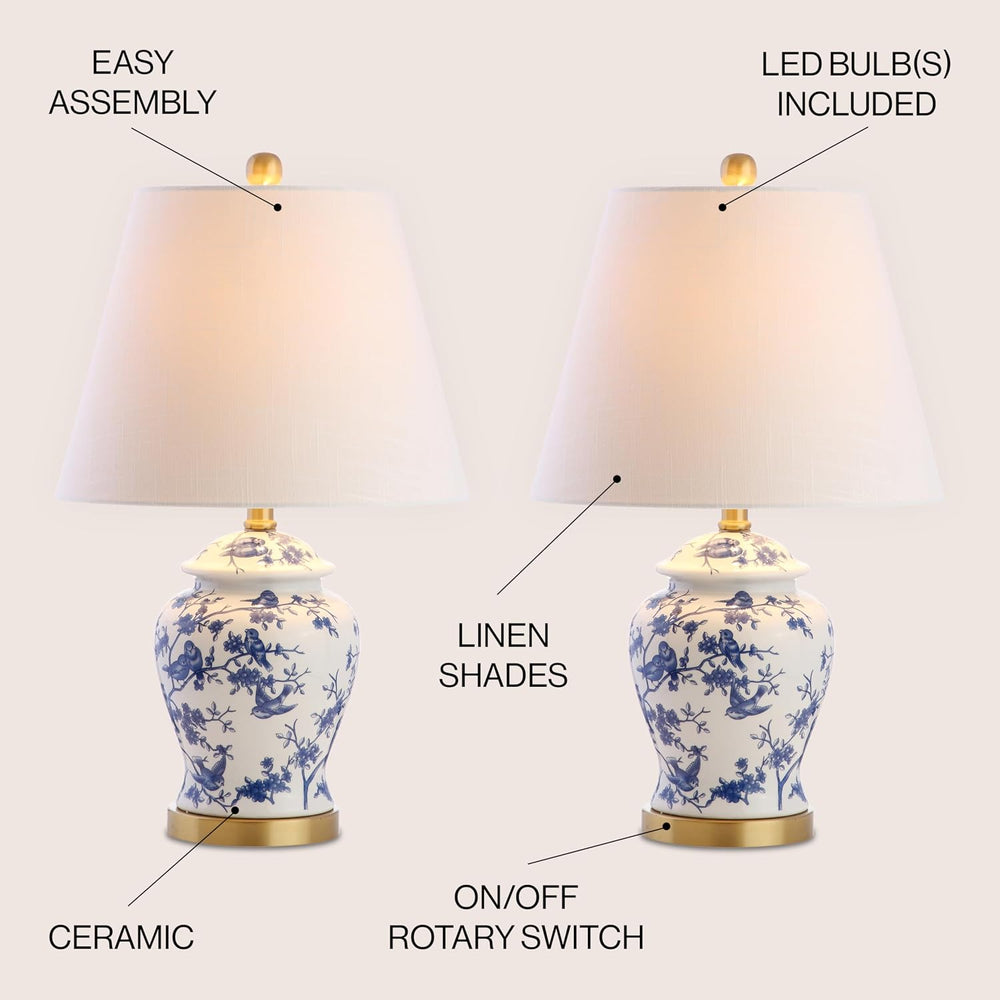 JONATHAN Y Penelope Ginger Jar 22" LED Table Lamp, Blue/White, Set of 2