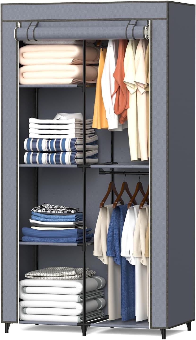 Gray Cover Portable Closet with 6 Shelves & 2 Hanging Rods