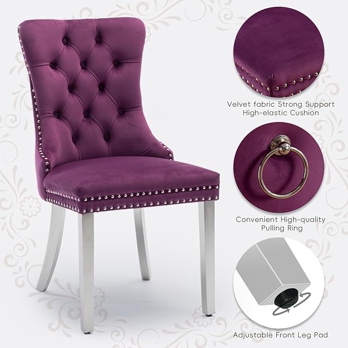 Velvet Upholstered Dining Chairs Set of 2, Modern Kitchen Side Chairs with Na...