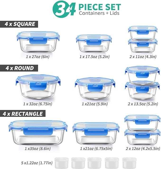 34pcs Glass Food Storage Containers