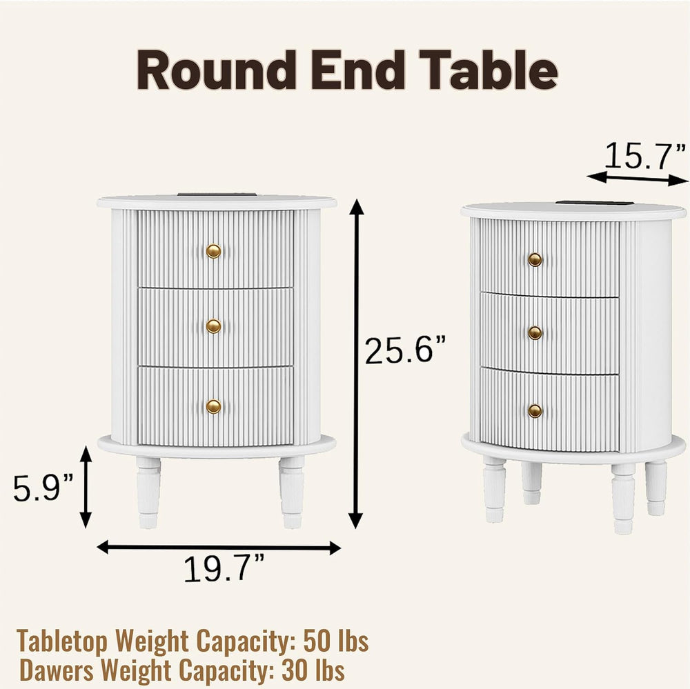 Mirightone Round End Table with Charging Station, Wood Side Table with Storag...