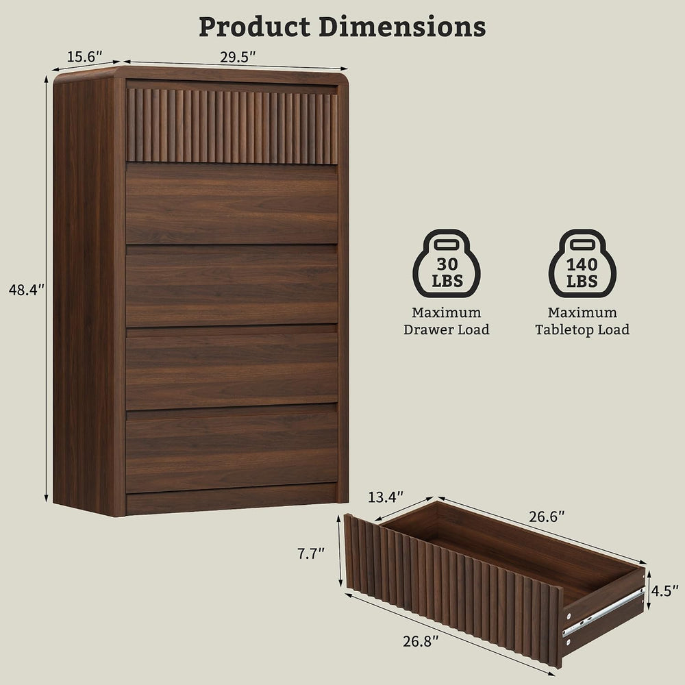 LYNSOM Walnut Fluted 5 Drawer Dresser for Bedroom, Curved Edge, 48" Tall