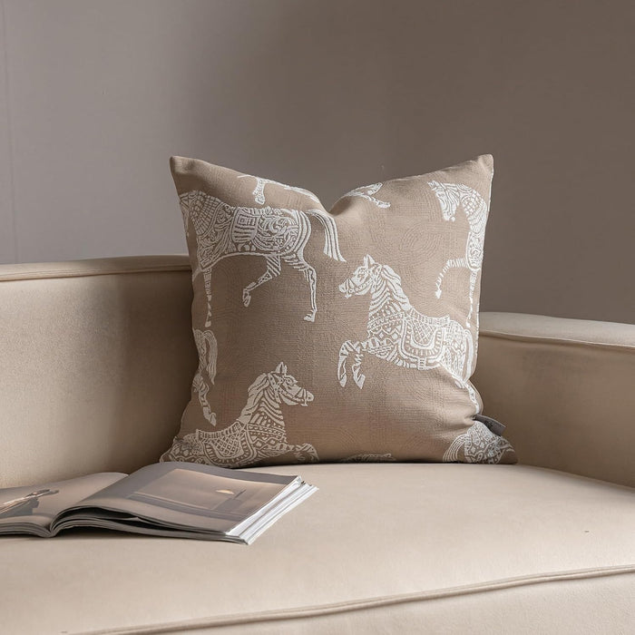 Croker Horse 18x18'' Inches Throw Pillow Cushion Cover - Beige Royal Horse Pattern Chenille Embroidery Jacquard Luxury Modern Fashion Style Couch Sofa Pillow Covers for Bedroom Living Room