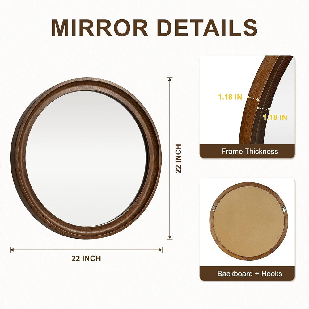 Round Wood Mirror, 22" Circle Mirror with Wooden Frame, Walnut Brown