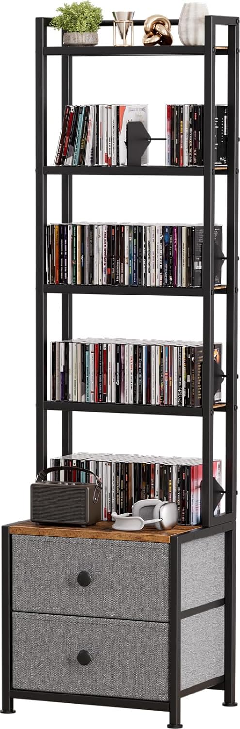 CD Storage Rack with Drawer, 5-Tier DVD Organizer Shelf w/Adjustable Book Sto...