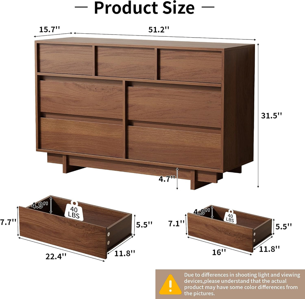 7 Drawer Walnut Dresser for Bedroom, 51.5" Wide Mid Century Modern Dresser