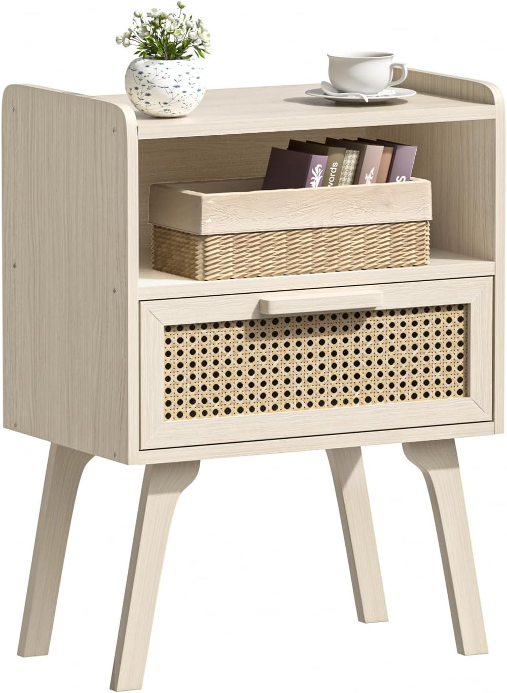 Lerliuo Rattan Nightstand, Side Table with Drawer Open Shelf, Cane Accent Bed...