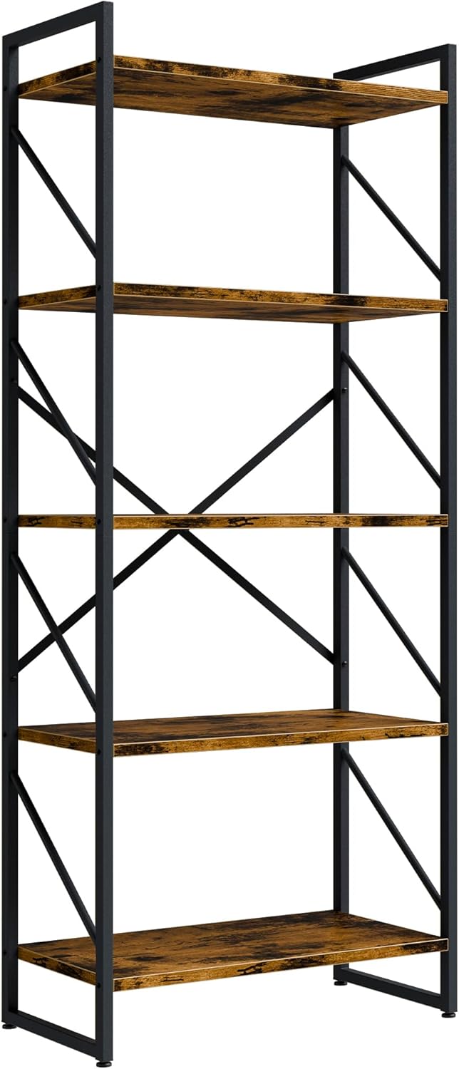Shintenchi 5 Tiers Bookshelf, Classically Tall Bookcase Shelf, Industrial Boo...