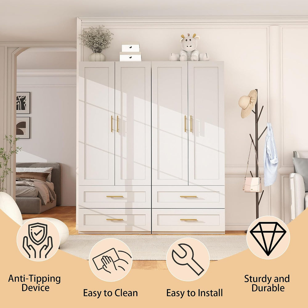 White Wardrobe with 4 Doors and 4 Drawers,75" Tall x 63" Wide