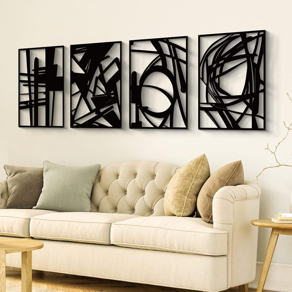 Glamativity 4 Pack Black Abstract Metal Wall Art, Minimalist Décor Single Lin...