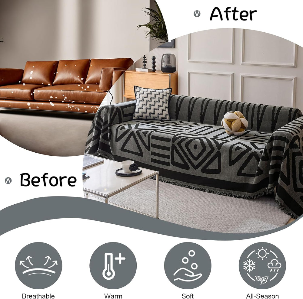 VClife Bohemian Dark Gray Black Geometric Sofa Couch Cover 71 X 134
