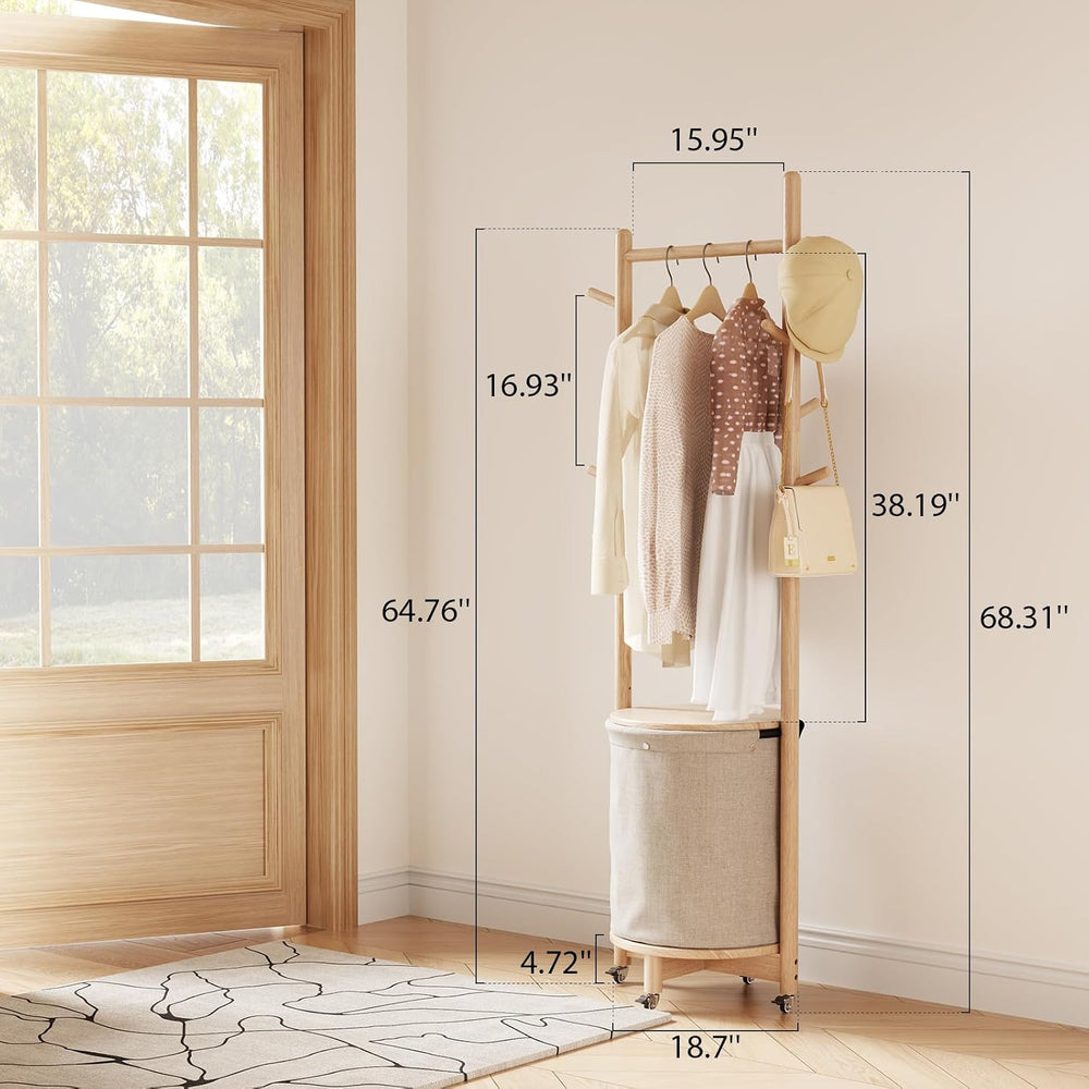 CycleCrew Solid Wood Coat Rack with Fabric Basket - Freestanding Coat Rack Ro...
