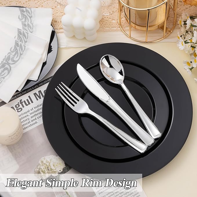 100PCS Black Plastic Plates Set, 50 10.25 inch Dinner Plates and 50 7.5 inch ...