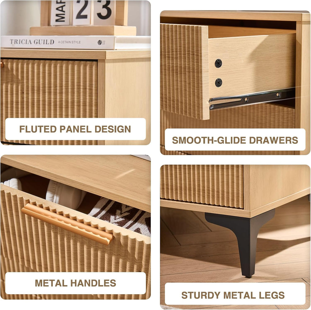 Fluted Nightstand, 23" Wide Accent Side Table with 3 Large Storage Drawers