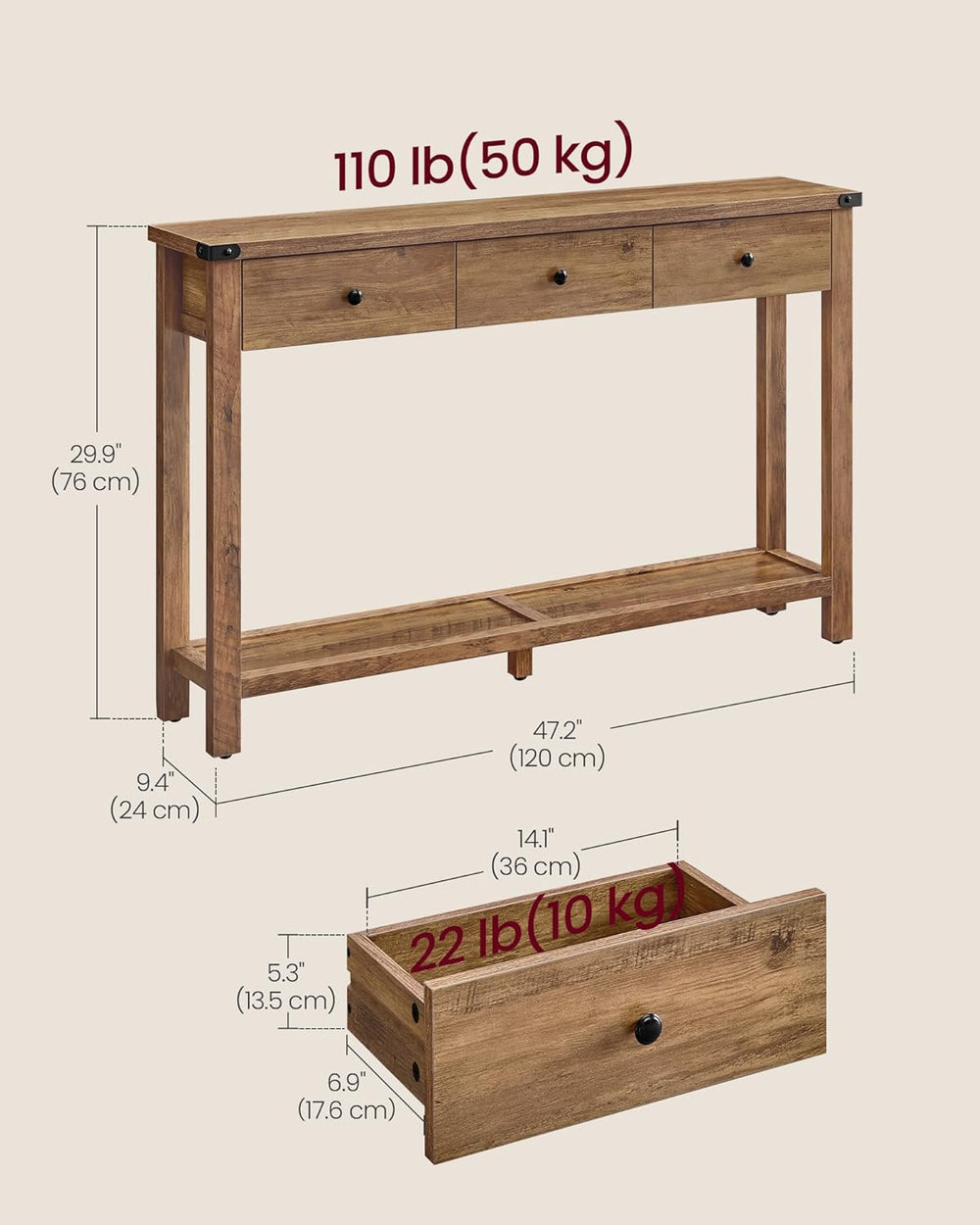 VASAGLE LIRY Collection Narrow Console Table with 3 Drawers, Brown | Sofa Tab...