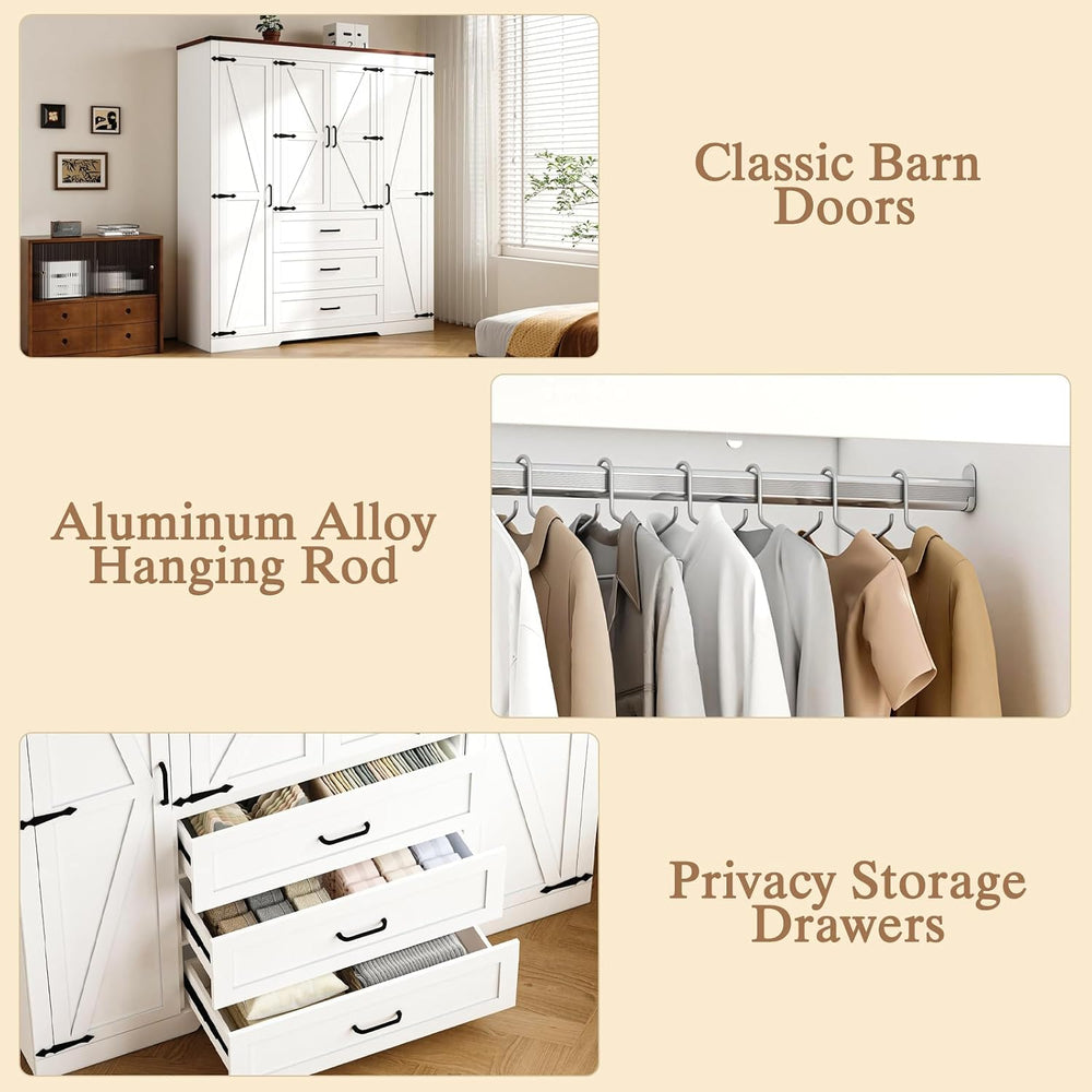 4 Door Armoire Wardrobe Closet Cabinet with 3 Drawers and Drawers, Farmhouse ...