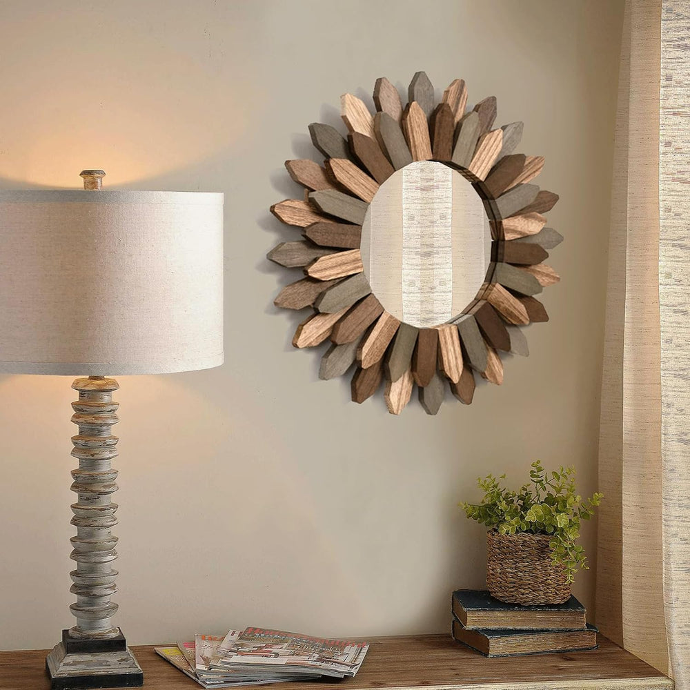 Honiway Boho Wall Decor Mirror 2 Pack 12 inch Rustic Wood Decorative Mirror f...