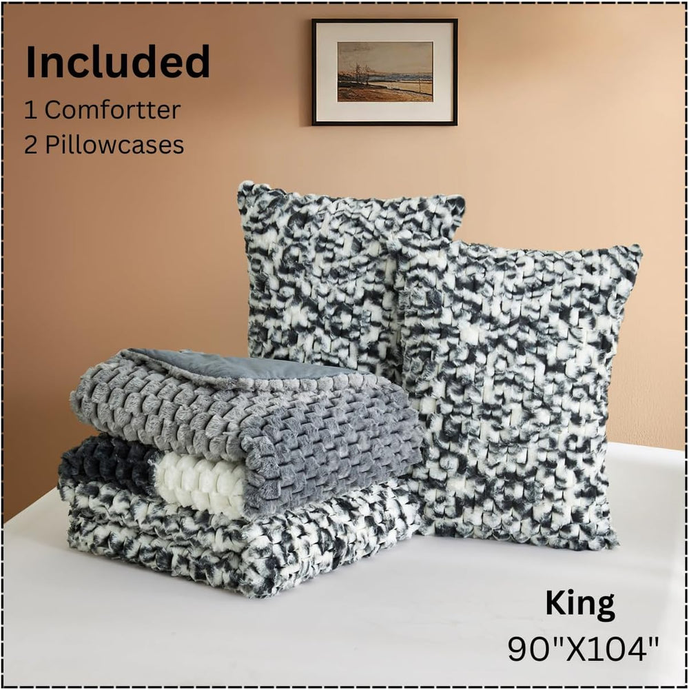 Petrichor Fluffy King Comforter Set - Black and White Striped Faux Fur Blanke...