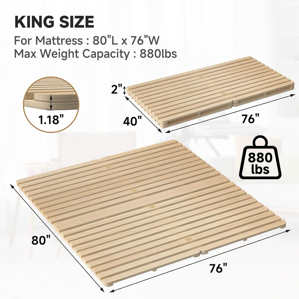 King Size Foldable Floor Bed Frame, Solid Wood Slat Base for Futon Mattress