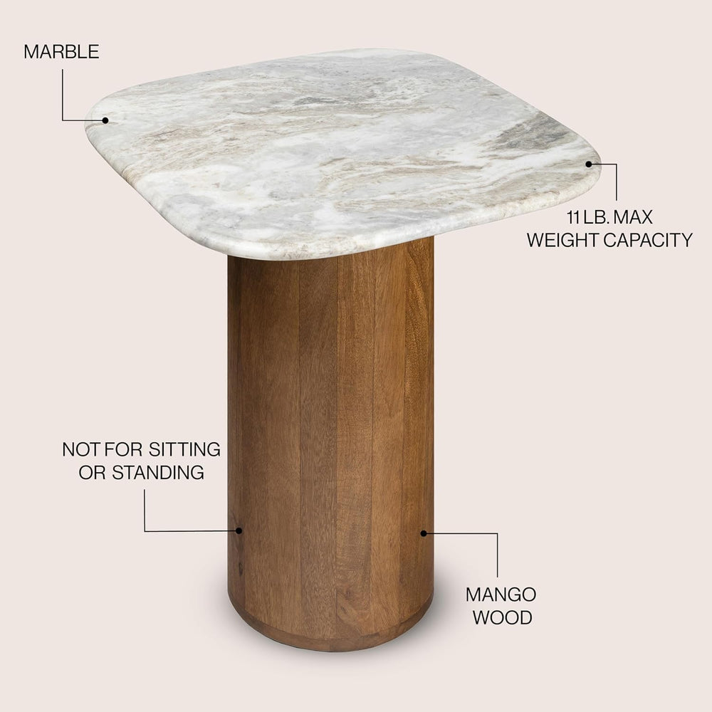 JONATHAN Y Milos Natural White Marble Square Top End Table with Honey Wood Cy...