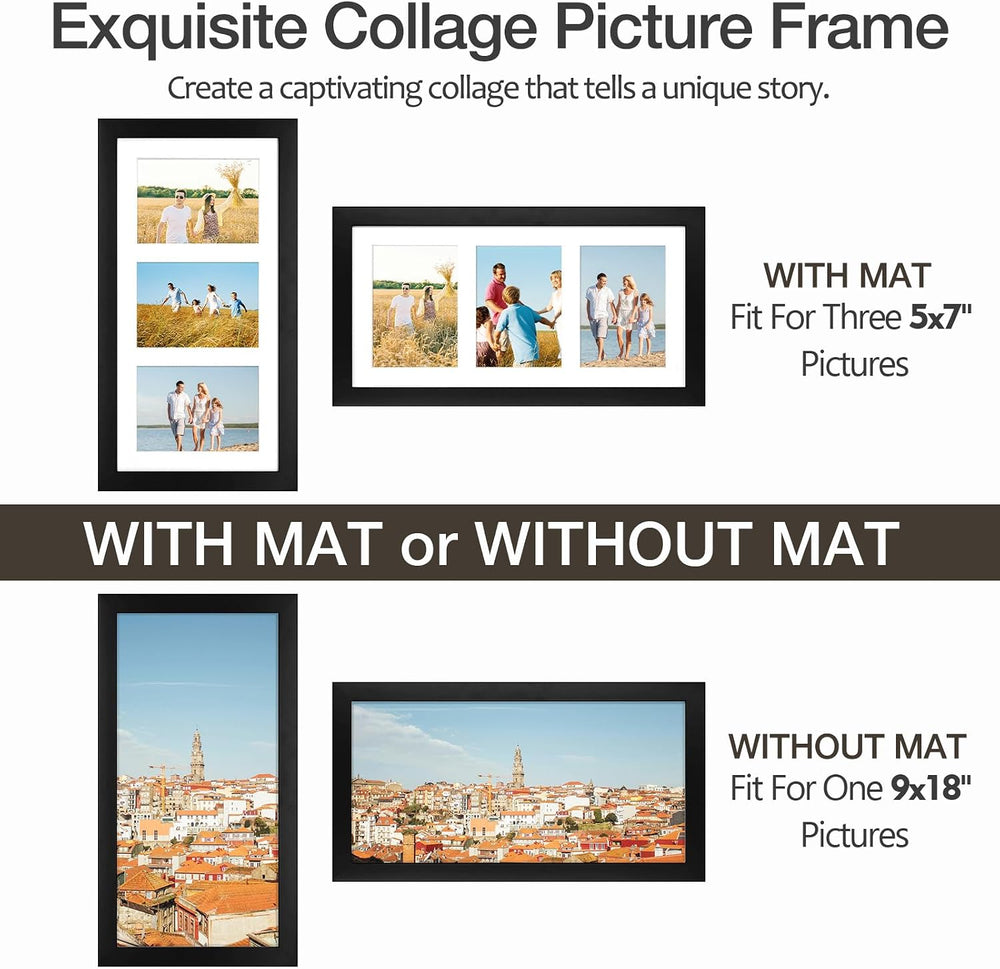 Golden State Art 9x18 Black Wood Frame - for Three 5x7 Pictures, 1 Pack