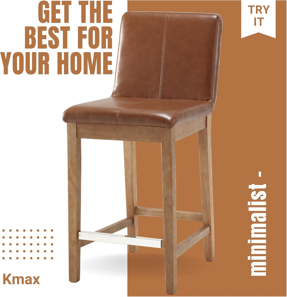 Kmax 26 Inch Bar Stools Set of 2 with Back Support, PU, Brown