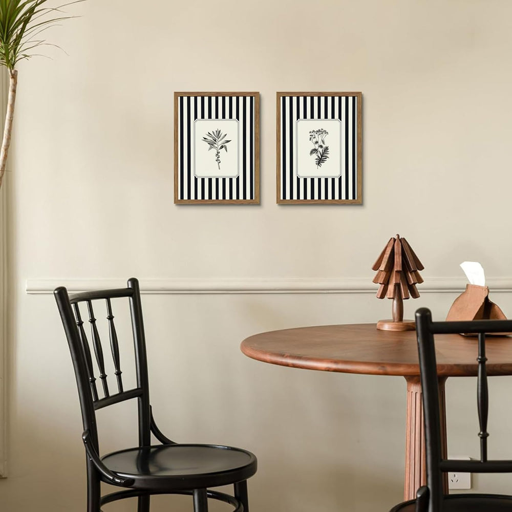 Framed Vintage Botanical Wall Art Set of 2, Black and White Striped Floral Ca...