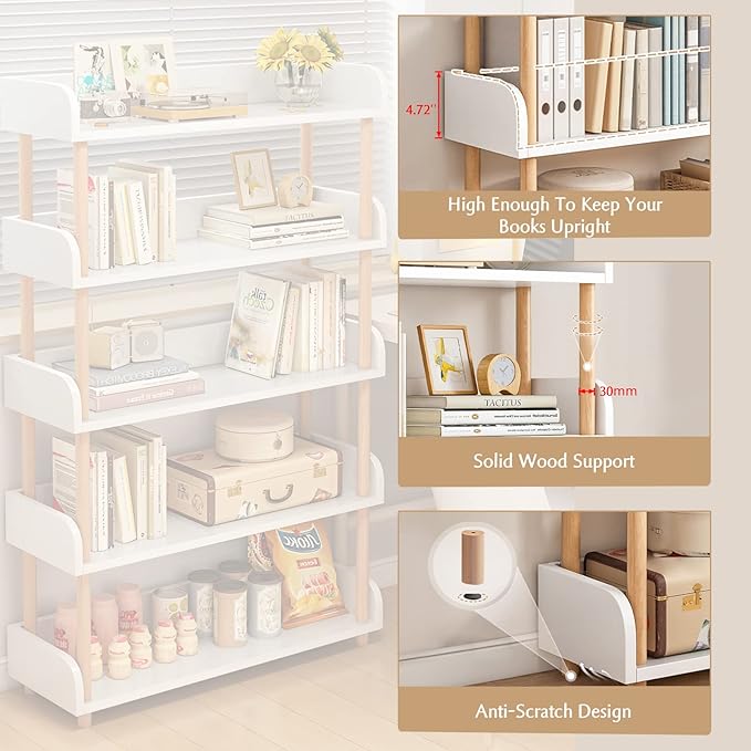 4-Tier Wooden Open Bookcase - Modern Display Bookshelf with Side Panels and S...