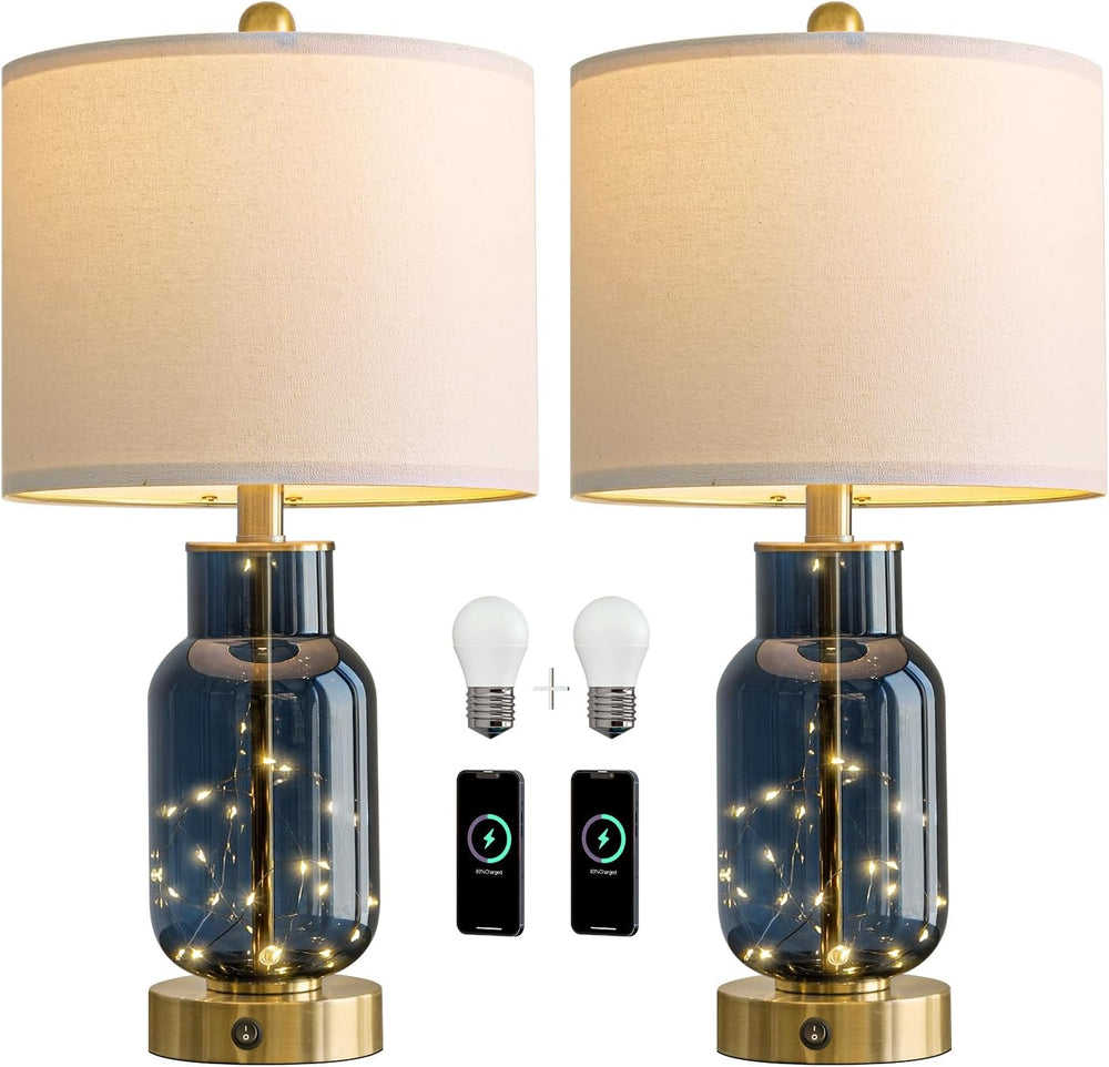 22" Glass Table Lamps Set of 2 with LED Nightlight for Bedroom, Blue