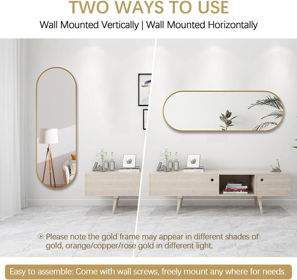 Niccy Oval Full Length Mirrors, Long Wall-Mounted Mirror, Gold, 48"×16&q...