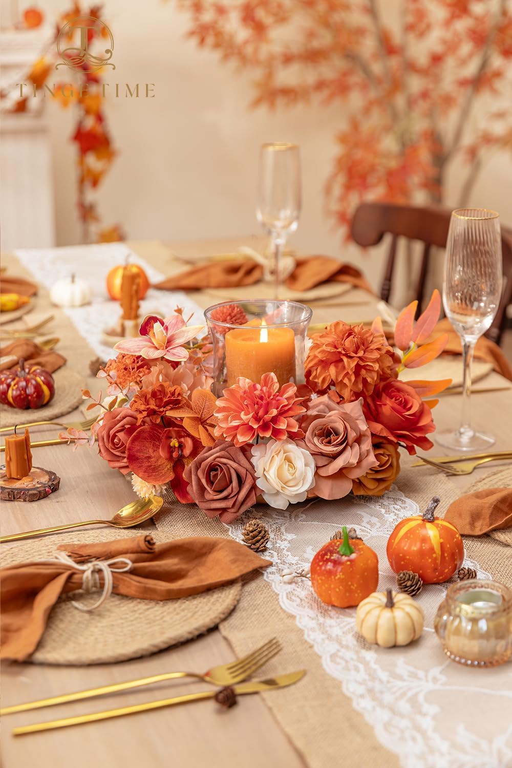 TINGE TIME Fall Wedding Artificial Flowers Combo, Orange & Cream Roses