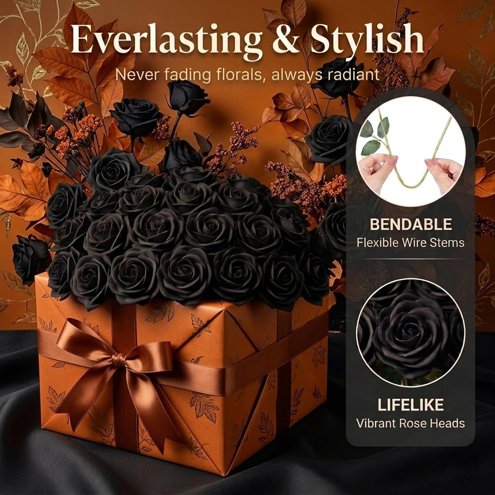 60 Pcs Black Velvet Artificial Roses Flowers with Black Leaves Real Looking L...