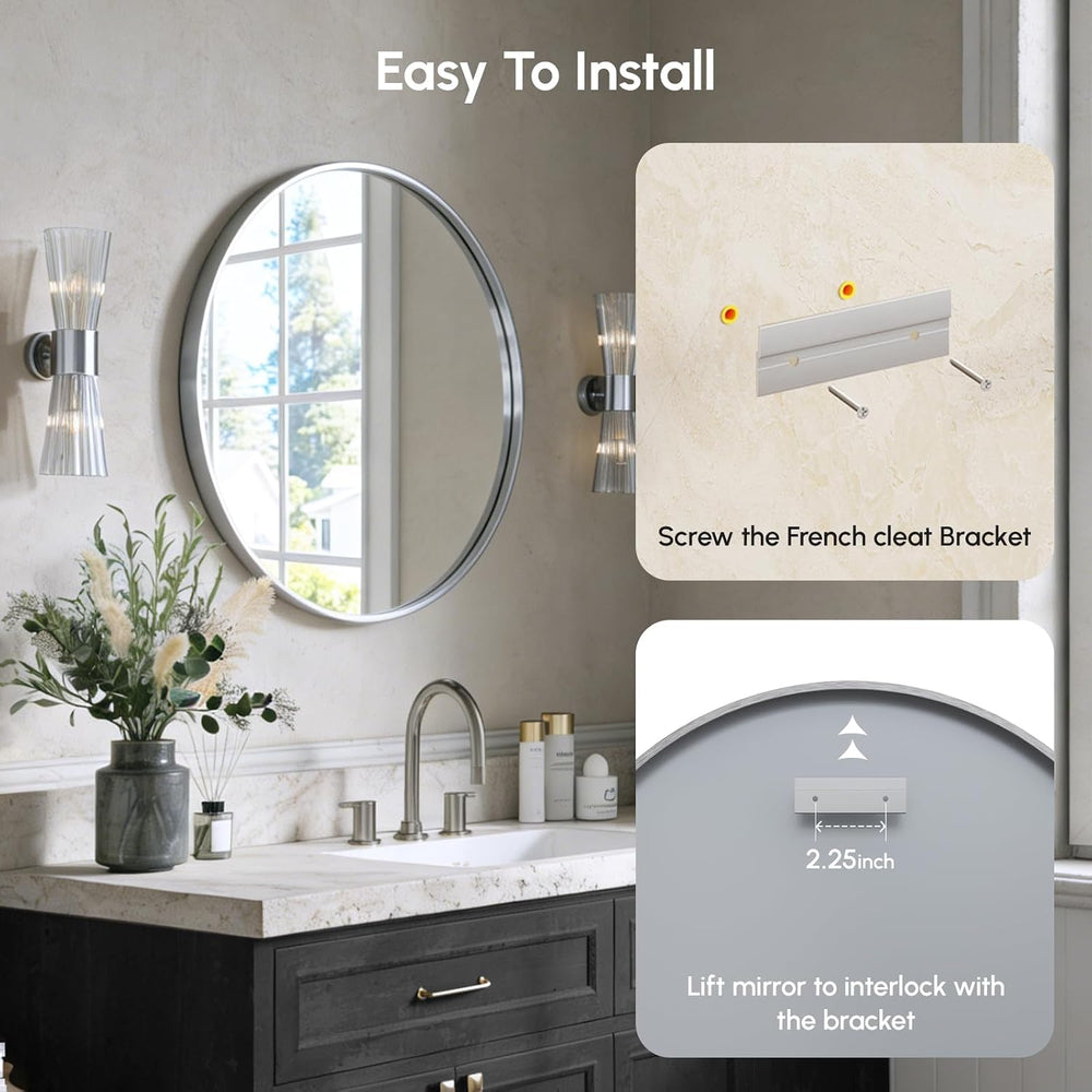 USHOWER 24 Inch Brushed Nickel Round Bathroom Mirror for Over Sink