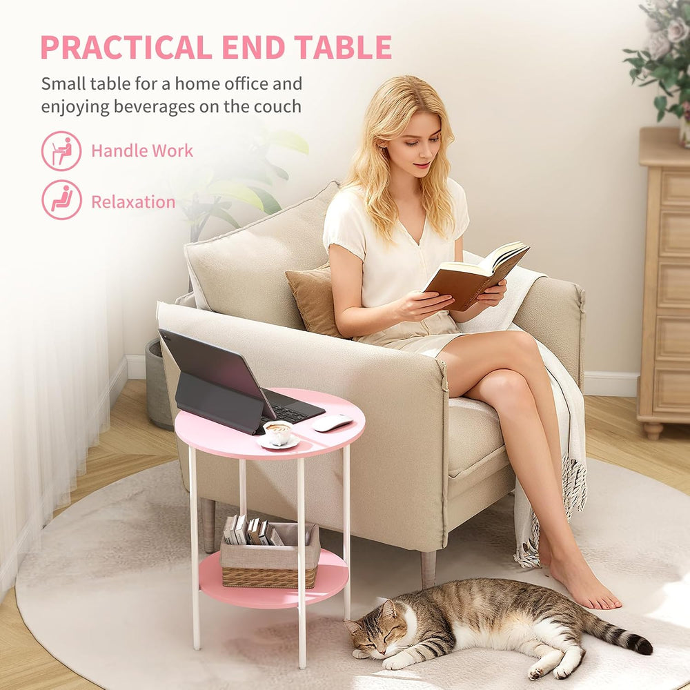Side Table,Round End Table with 2 Storage Shelves| Compact Side Tables for Li...