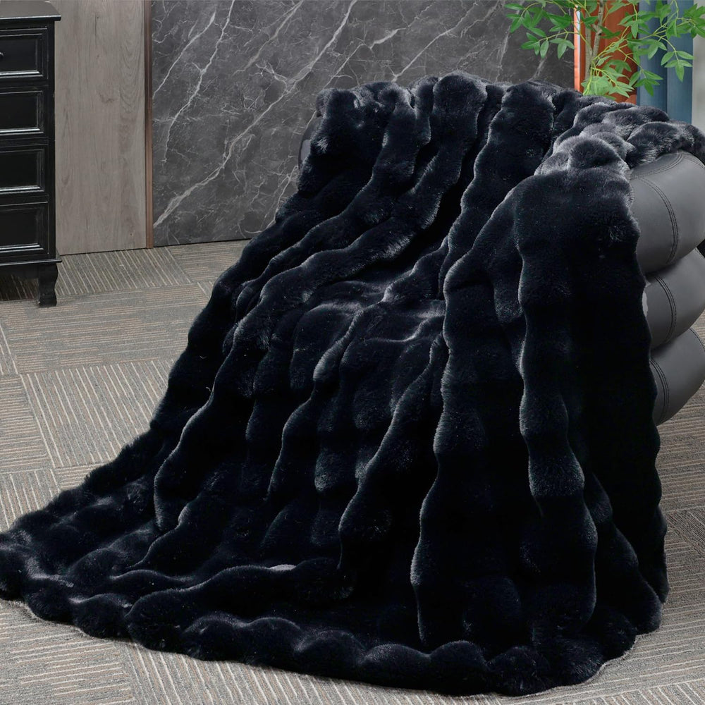 Black Faux Fur Throw Blanket for Couch Bed Fuzzy Plush Fluffy Soft Blanket fo...
