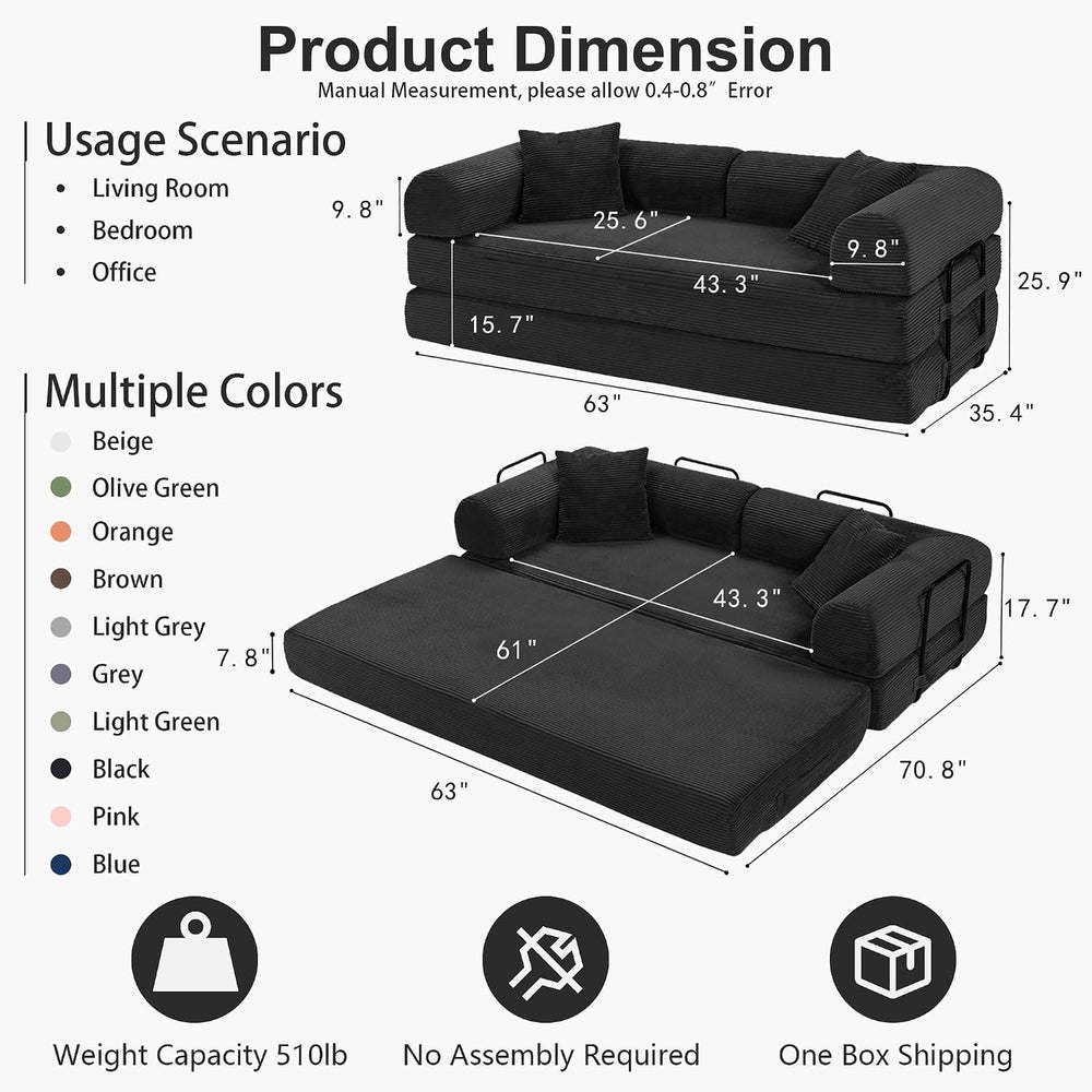 JJJ 63 inch Boneless Sofa Bed Sleeper Couch