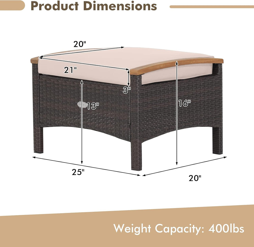 Tangkula 2 Piece Patio Rattan Ottomans, Outdoor Wicker Footstool w/Acacia Woo...