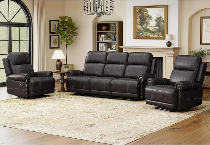 Faux Leather Electric Reclining Sofa Set, Power Recliner Four Seats Sofa Set, Included a Recliner Chair and Two 3-Seat Sofa with USB Ports, Vintage Rivet Design for Living Room, Dark Brown