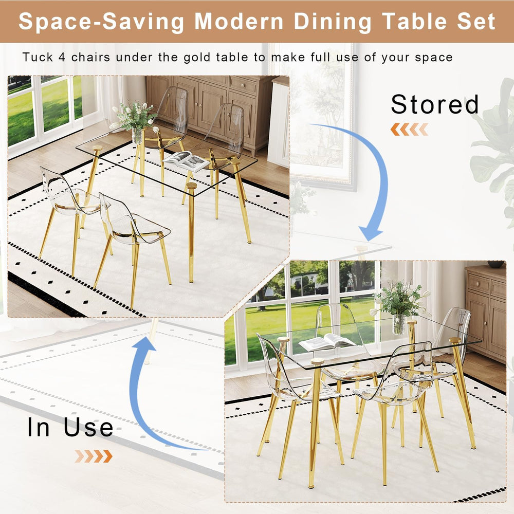 Ebullient Glass Dining Table Set for 4, 51" Clear Tempered Glass Tableto...