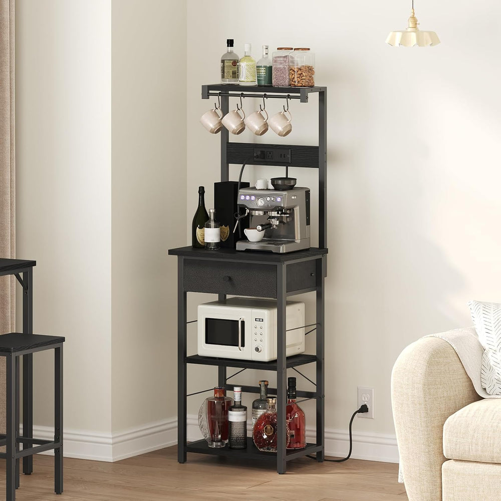 MAHANCRIS Bakers Rack with Drawer, Microwave Stand with Power Outlet, Coffee ...