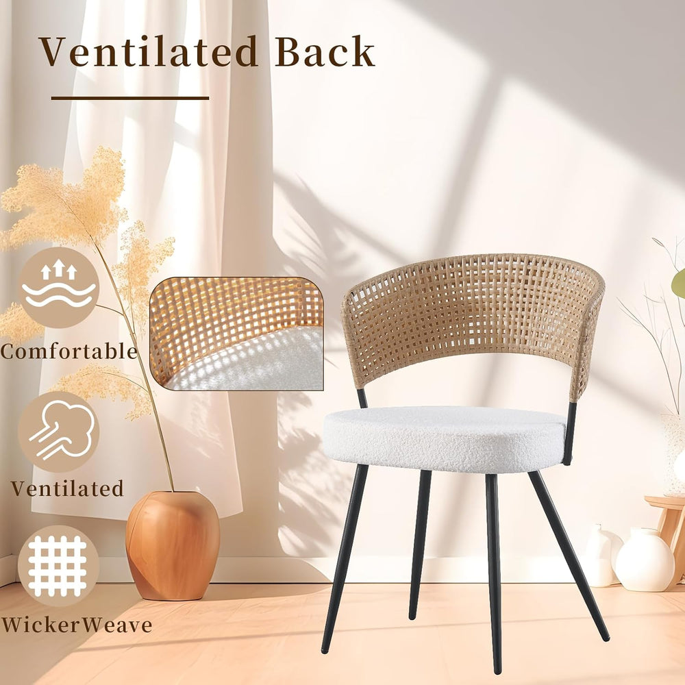 Rattan Dining Chairs Set of 4,Farmhouse Upholstered Teddy Cushion with PE Can...