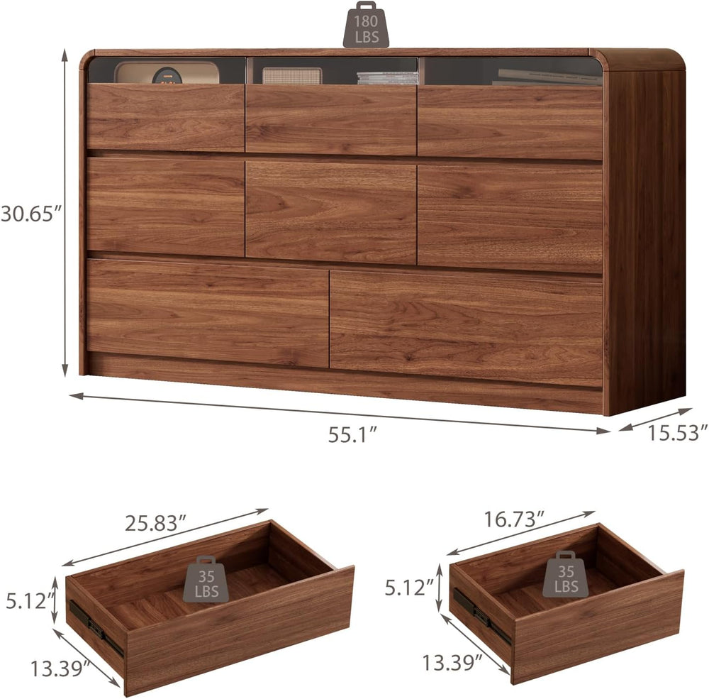 Ieejdn 47.2" Dresser with 6 Drawer, Wide Dresser with Recessed Glass Dis...