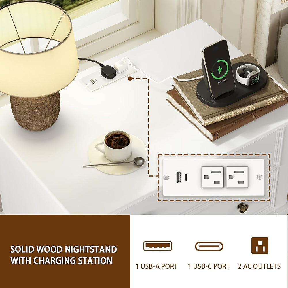IKENO Solid Wood Nightstand with Charging Station, Farmhouse End Table with 2...