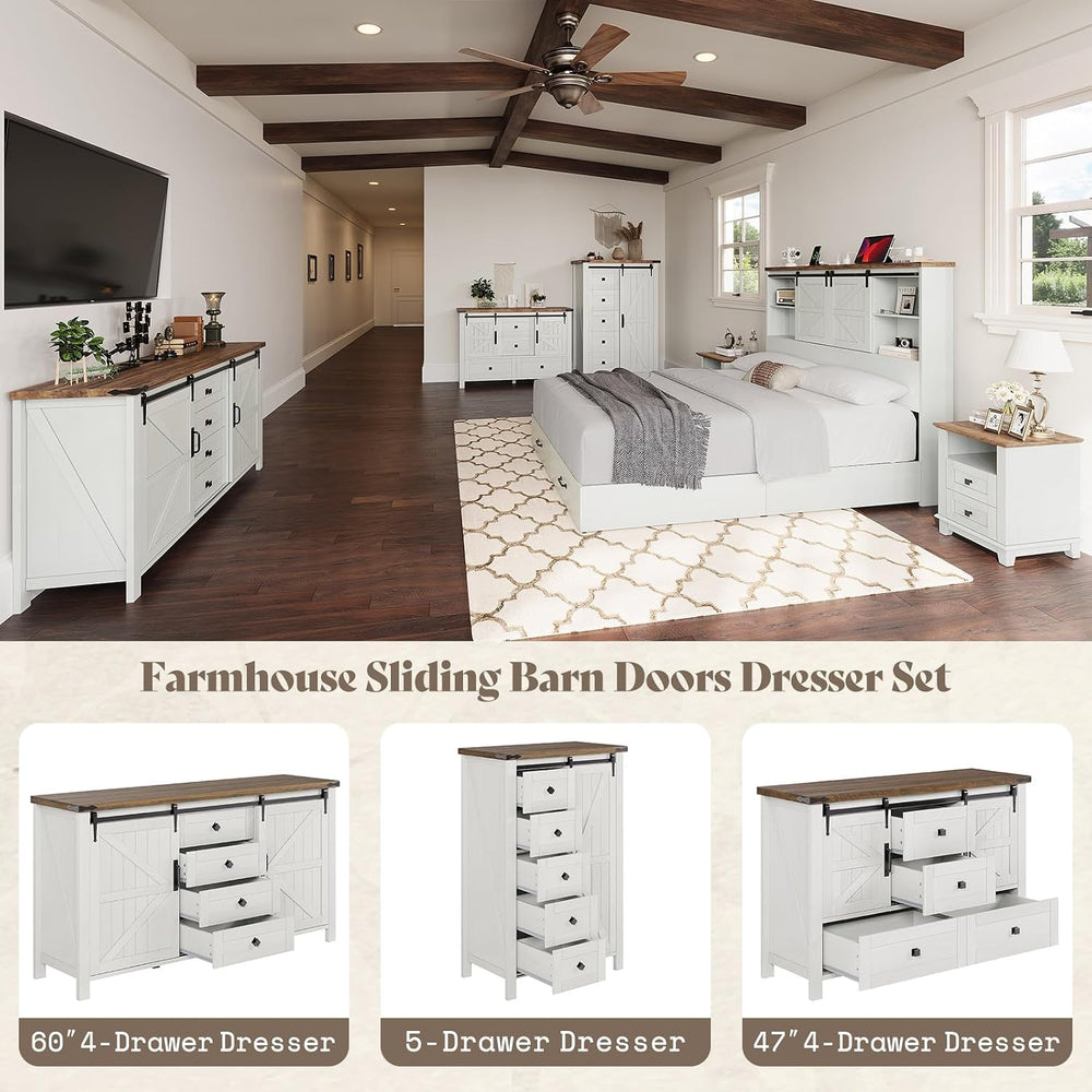 AMERLIFE 31.5" Farmhouse 5-Drawer Dresser with Barn Doors, Distressed White