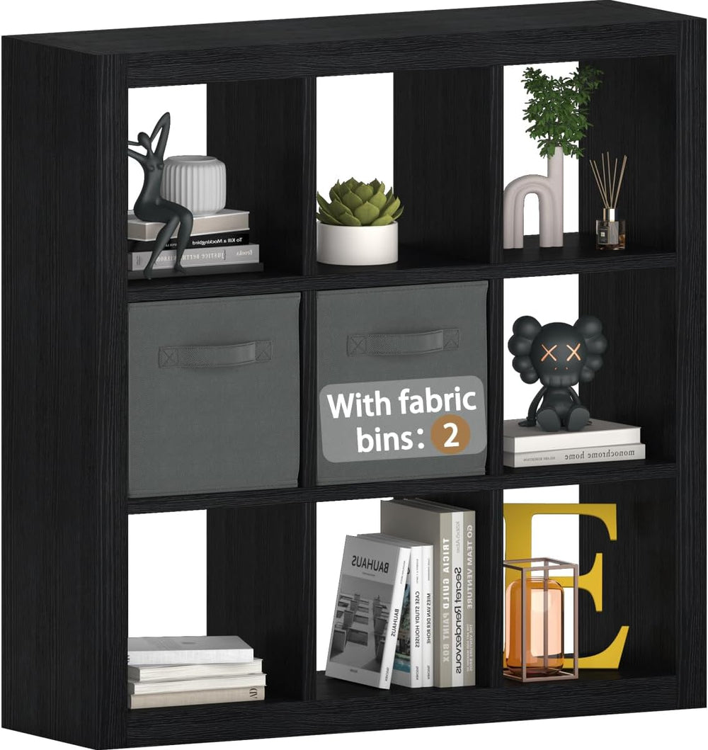 Bookshelf with Storage Bins, 9-Cube Storage Organizer Sturdy Wooden Bookcase ...