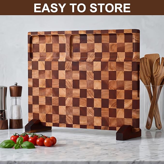 Checkered Cutting Board with Stand, Dual-Sided Wood Cutting Board with Juice