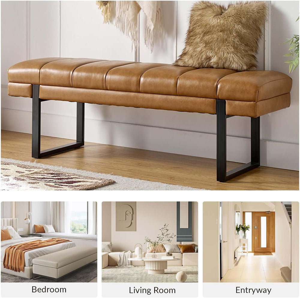 HULALA HOME 53" Faux Leather Tufted Entryway Bench, Camel